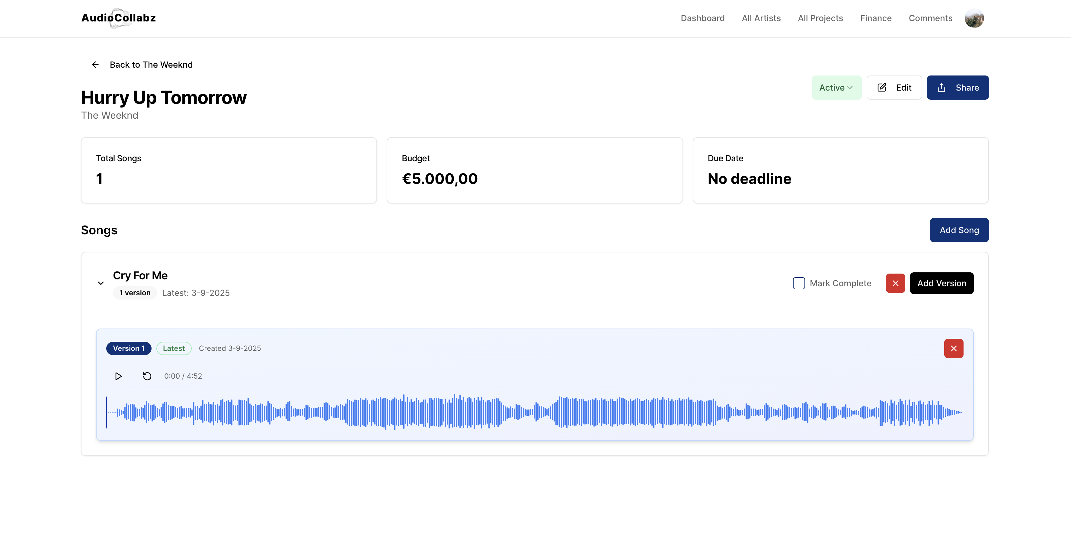 AudioCollabz song version control interface displaying audio file versions, client feedback integration, revision history timeline, and collaborative features